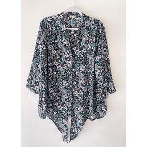 Talbots Shirt Womens 2X Navy Blue Paisley Tie Front Blouse Top Lightweight Airy